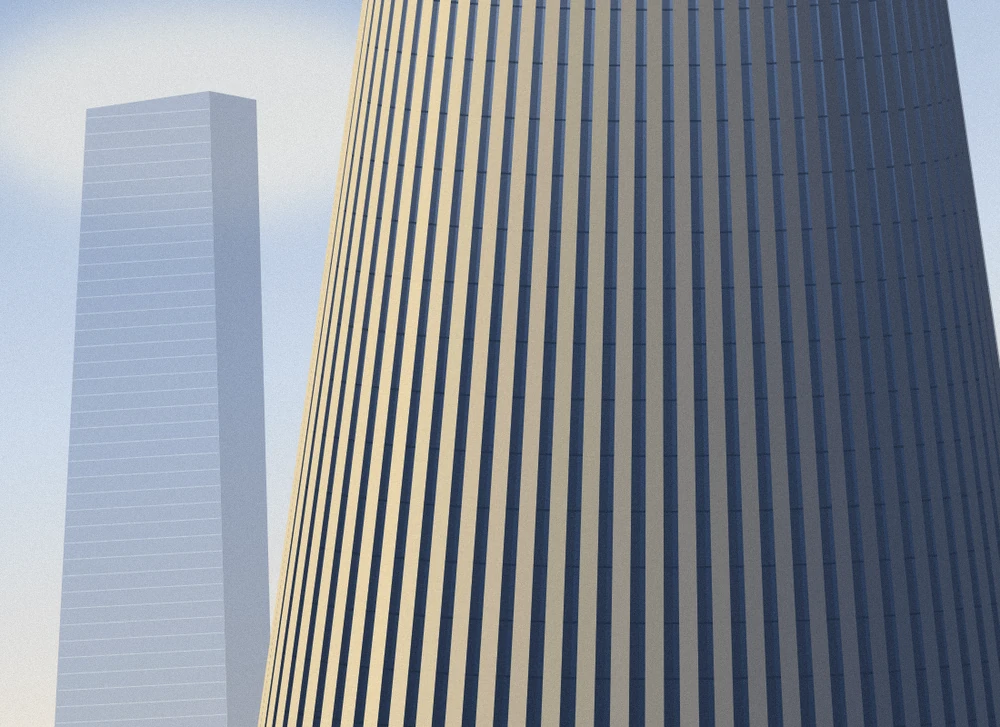 Illustration of a glass tower with vertical fins in warm light