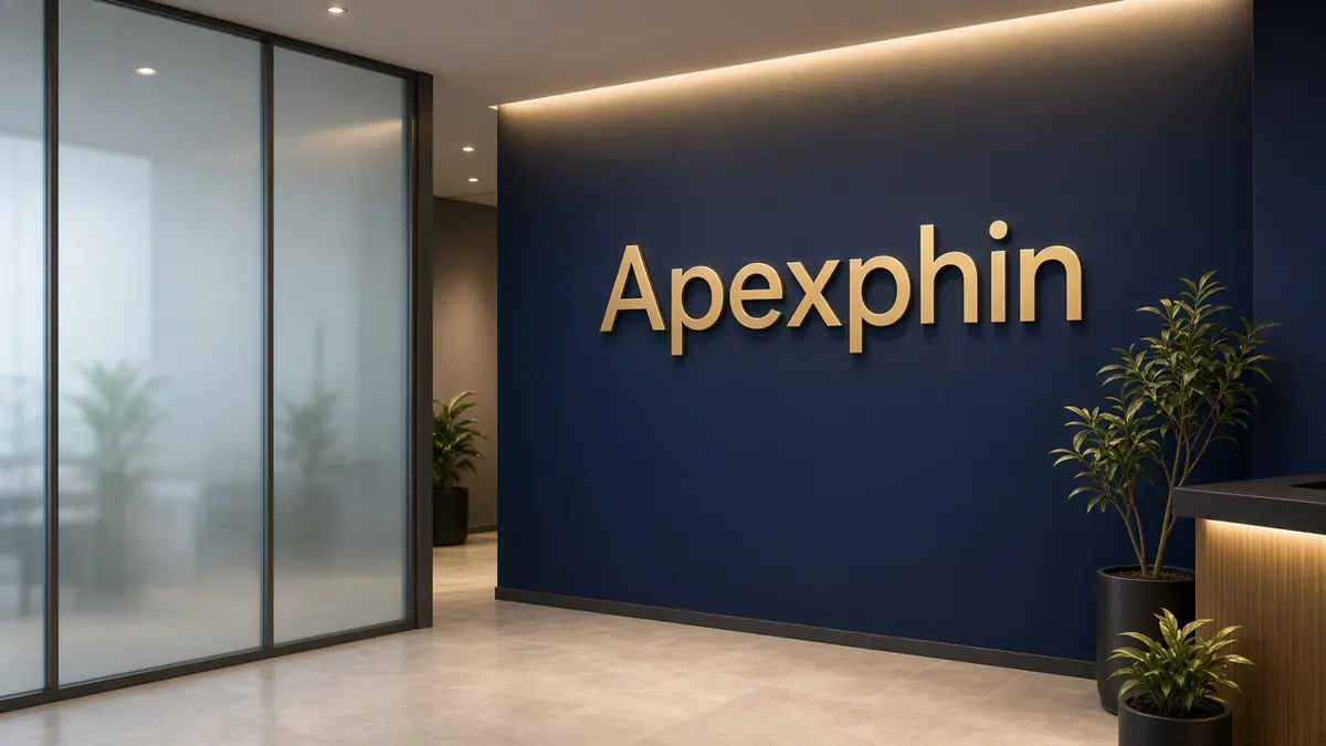 Office reception wall with brass lettering reading Apexphin