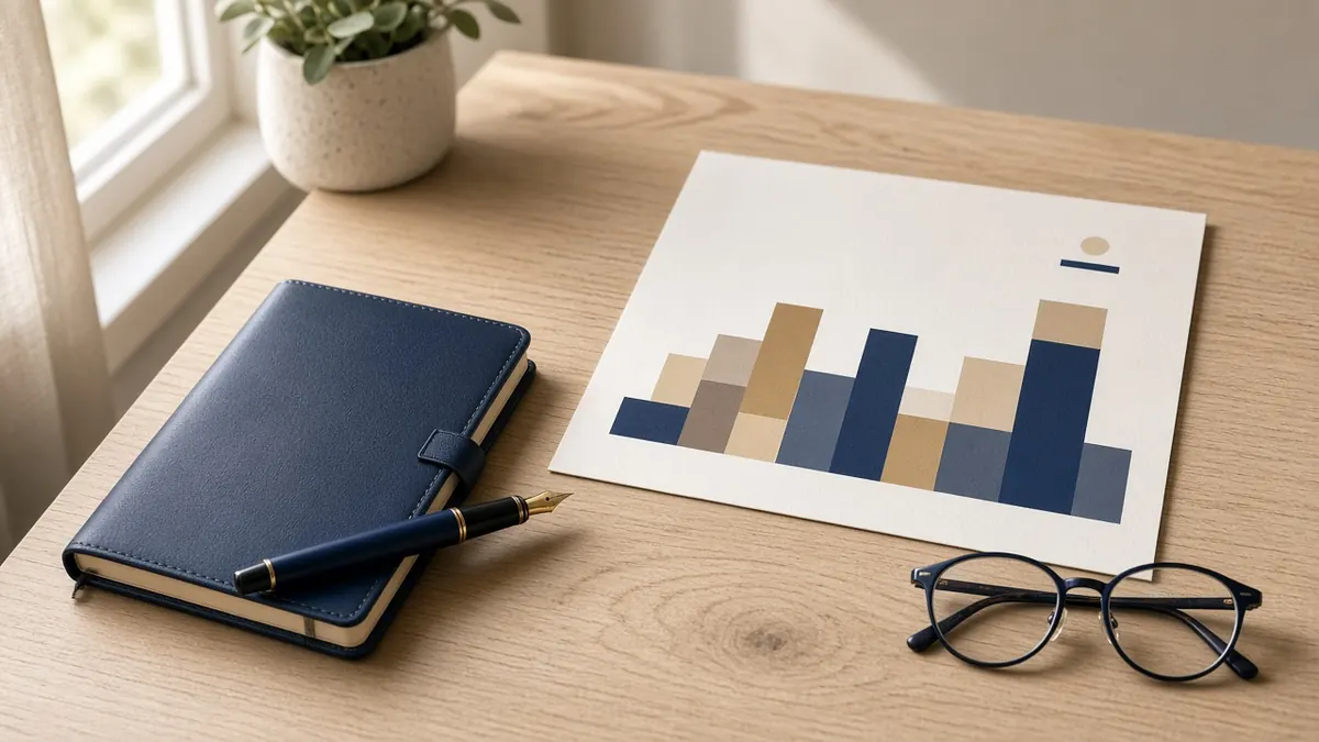 A desk with a notebook, pen, reading glasses and a printed allocation chart
